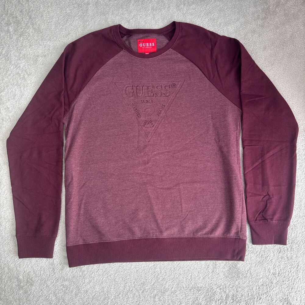 GUESS Los Angeles Sweatshirt Men XL Maroon Crew Neck Embossed Logo Raglan Sleeve